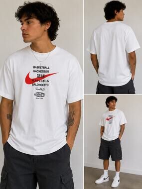 Nike Basketball Multilingual Swoosh Graphic T-Shirt White Men's XL Athletic Tee